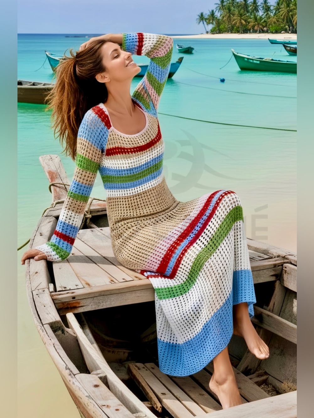 Casual Bohemian Crochet Long Sleeves Color Block Swimsuit Coverup Midi Dress - Picture 2 of 12